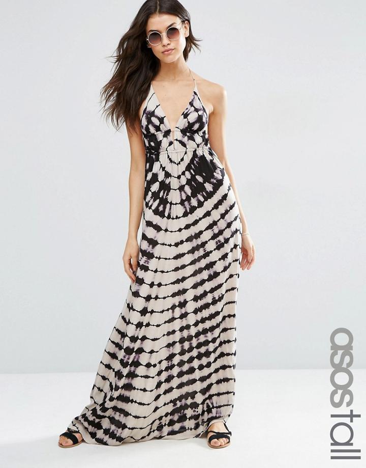Asos Tall Dark Tie Dye Ruched Halter Beach Maxi Dress - Multi