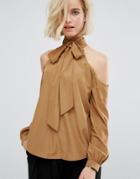J.o.a Cold Shoulder Top With High Ribbon Tie Neck - Tan