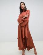 Asos Design Scarf Neck Satin Maxi With Extreme Sleeve - Copper