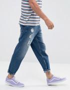 Asos Skater Jeans In Vintage Dark Wash Blue With Abrasions - Blue