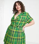 Collusion Plus Wrap Pleated Mini Dress In Green Check