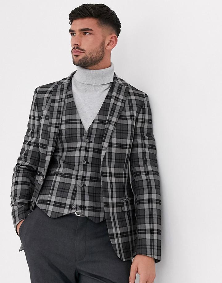 Asos Design Super Skinny Blazer In Gray Check