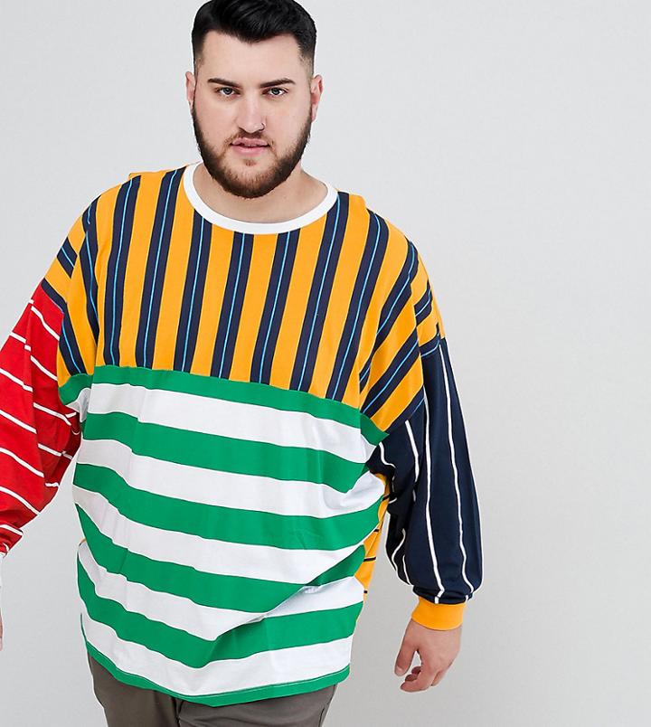 Asos Design Plus Oversized Long Sleeve T-shirt With Extreme Contrast Color Stripe - Multi