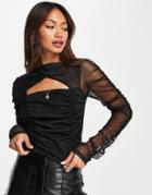 River Island Long Sleeve Cut Out Ruched Top In Black