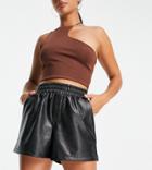 4th & Reckless Petite Leather Look Short With Shirred Waistband In Black