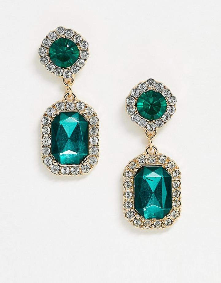Asos Design Earrings With Green Double Jewel Drop In Gold Tone
