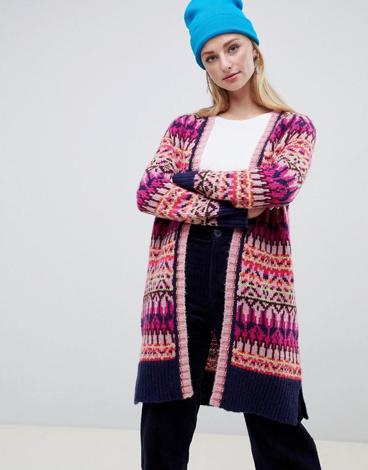 Esprit Fairisle Print Midi Cardigan In Pink - Pink