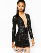 Rare London Plunge Neck Long Sleeve Bodycon Dress In All Over Sequin - Black