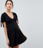Asos Design Maternity Mini Button Through Tea Dress With Tie Sleeve - Black