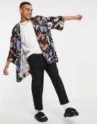 Asos Design Satin Kimono Shirt In All Over Tiger Print-black