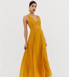 Asos Design Cami Maxi Dress In Crinkle Chiffon With Lace Waist And Strappy Back Detail - Gold