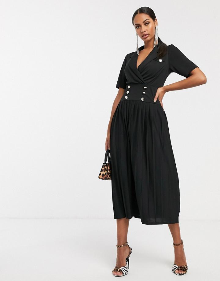 Asos Design Midi Button Detail Shirt Dress With Pleated Skirt - Black