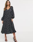 Asos Design Textured Midi V Neck Swing Dress In Polka Dot-multi