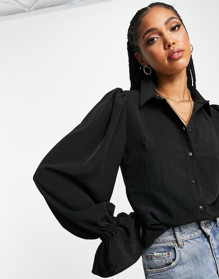 Asos Design Volume Sleeved Soft Shirt With Ruffle Cuffs In Black