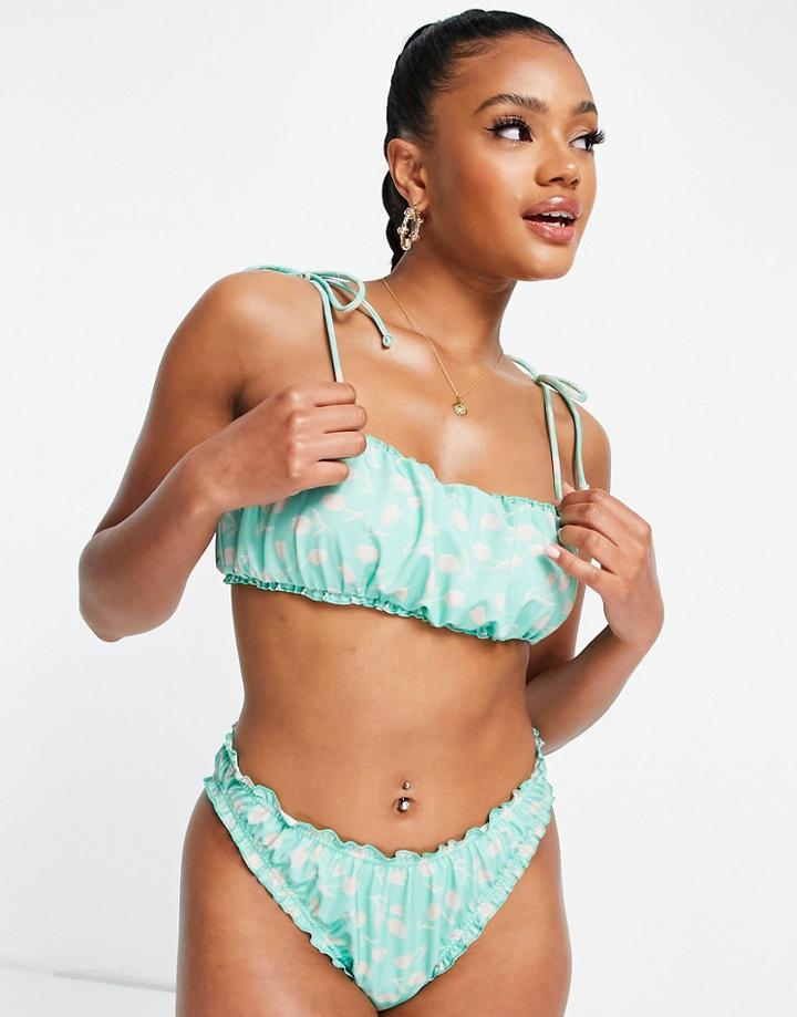 Asos Design Tie Shoulder Lettuce Edge Crop Bikini Top In Two Tone Floral Print-multi