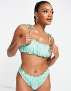 Asos Design Tie Shoulder Lettuce Edge Crop Bikini Top In Two Tone Floral Print-multi