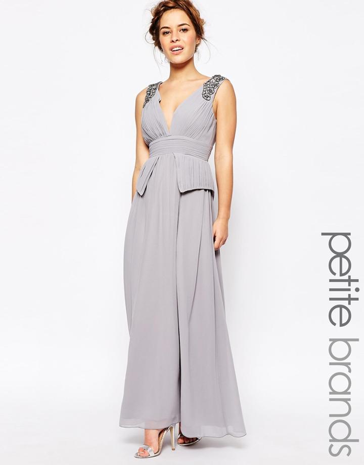Little Mistress Petite Embellished Plunge Front Peplum Waist Maxi Dress - Gray