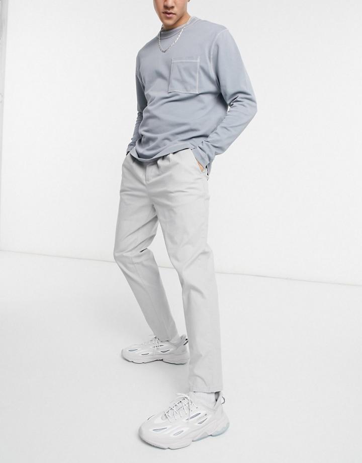 Asos Design Cigarette Chinos With Pleats In Light Gray-green