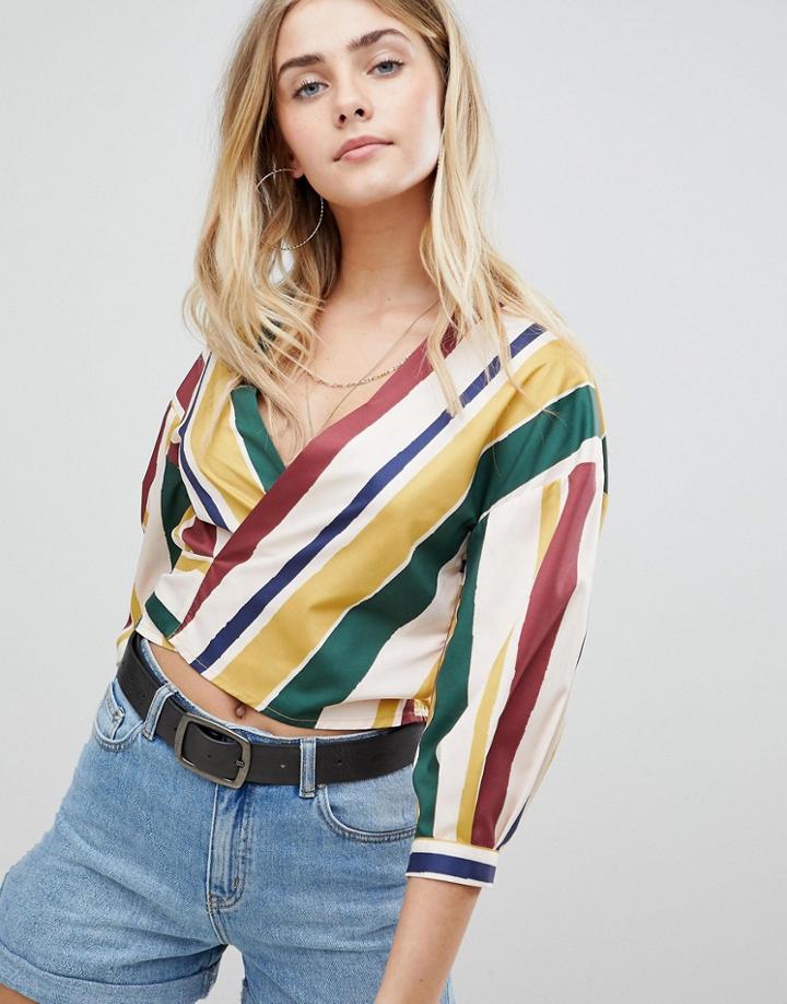 Boohoo Stripe Wrap Tie Side Blouse - Multi