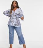 Yours Long Sleeve Wrap Top In Blue Floral-blues
