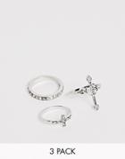 Asos Design Pack Of 3 Rings In Cross Design With Crystals In Silver Tone - Silver