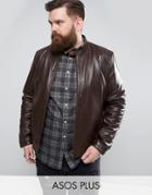 Asos Plus Leather Biker Jacket In Brown - Brown