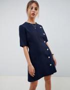 Asos Design Mini Shift Dress With Buttons - Navy