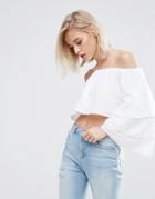 Pull & Bear Off The Shoulder Layered Frill Detail Top - White