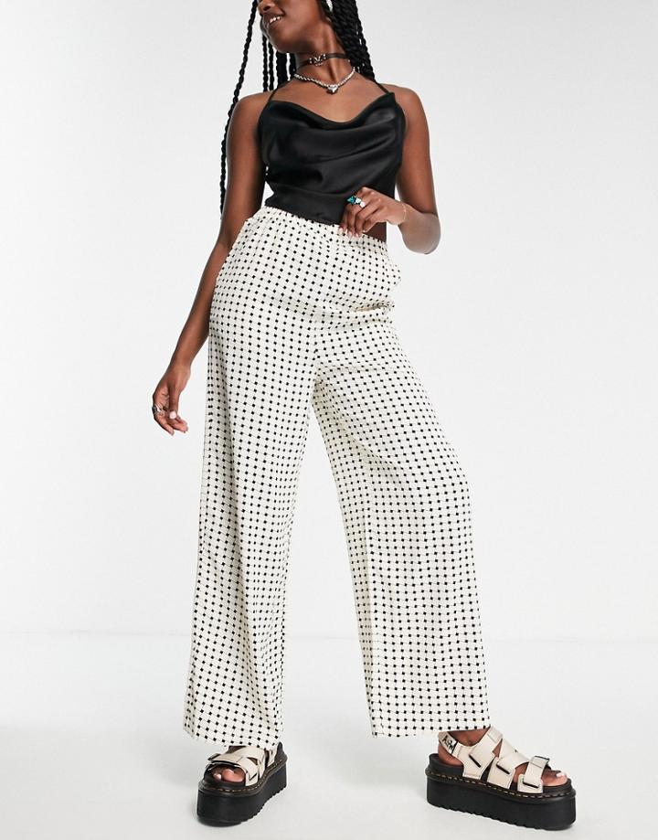 Vila Wide Leg Pants In Beige Check Print-neutral