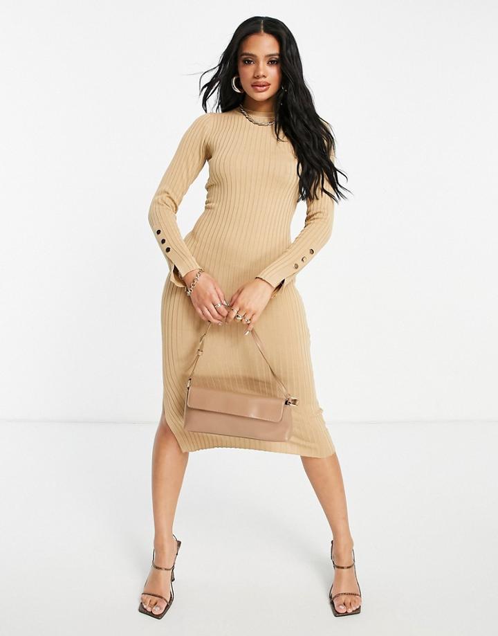 Qed London Ribbed Body-conscious Midi Dress In Camel-neutral
