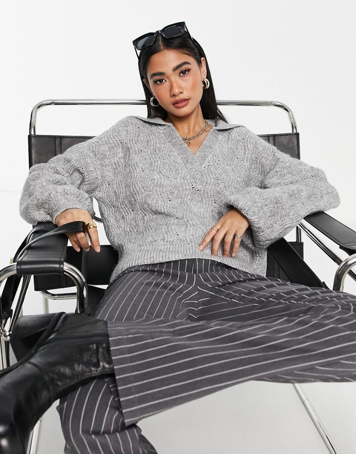 Topshop Knitted Stitchy Collar Sweater In Gray