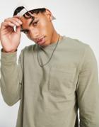 Asos Design Long Sleeve T-shirt With Pocket Detail In Khaki-green