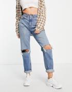 Asos Design High Rise Slouchy Mom Jeans In Stone Wash With Rips-blues