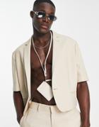 Asos Design Oversized Short Sleeved Suit Jacket In Ecru Microtexture-neutral