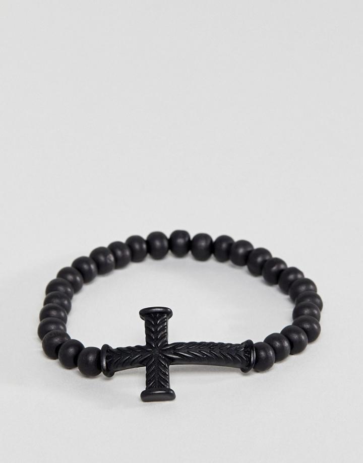 Icon Brand Matte Black Beaded Bracelet With Cross - Black