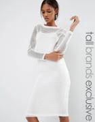 Noisy May Tall Kicks Back Mesh Grid Long Sleeve Bodycon Dress - White