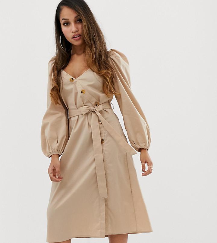 Booohoo Petite Asymmetric Button Through Midi Dress With Gathered Puff Sleeve In Stone - Beige