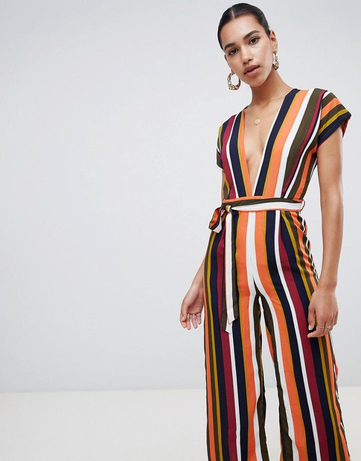 Boohoo Stripe Plunge Jumpsuit - Multi