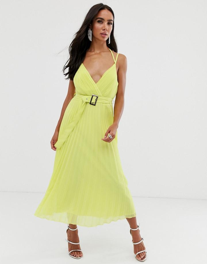 Asos Design Pleated Midi Dress With Cami Straps And Belt