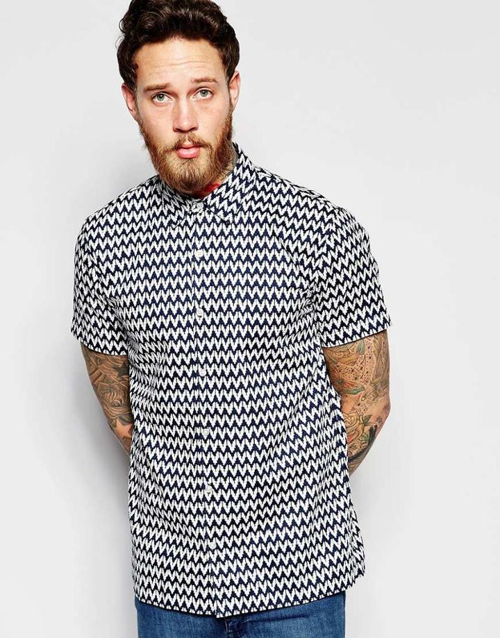 Edwin Shirt Nime Short Sleeve All Over Ikat Print In Navy - Navy Ikat