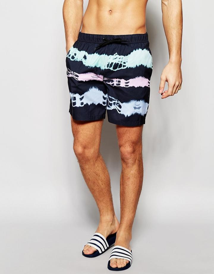 Asos Mid Length Swim Shorts With Pastel Tye Dye Stripe - Black
