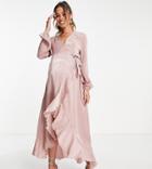 Flounce London Maternity Long Sleeve Wrap Maxi Dress In Heather Rose-pink