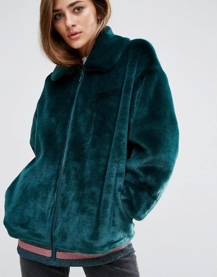 Asos Bomber Jacket In Faux Fur With Metallic Stripe Rib - Green