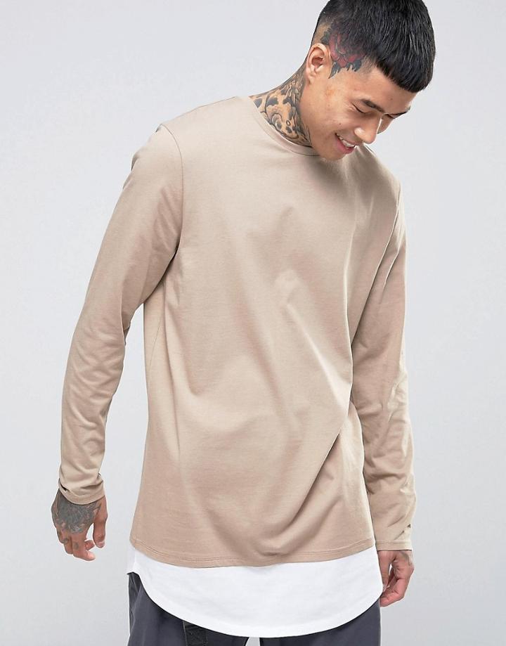 Asos Super Longline Long Sleeve T-shirt With Double Layer Curve Hem In