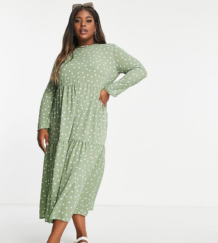 Asos Design Curve Long Sleeve Tiered Smock Midi Dress In Sage Spot Print-multi