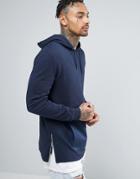 Asos Longline Hoodie With Woven Pocket & Zips - Navy