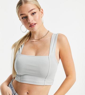 Asos Design Petite Cotton Crop Cami With Square Neck And Seam Detail In Washed Sage - Mgreen