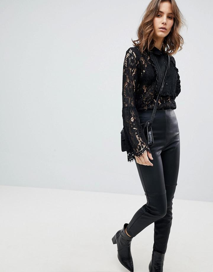 Unique 21 Lace Blouse With Frilly Bib - Black
