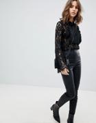 Unique 21 Lace Blouse With Frilly Bib - Black
