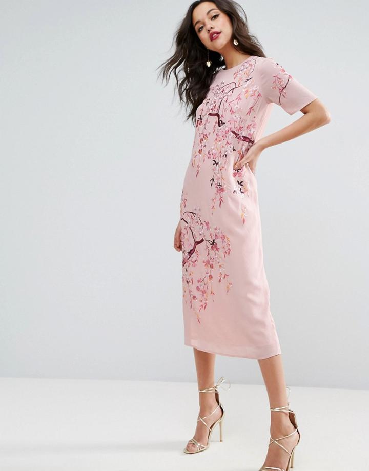 Asos Embroidered Enchanted Midi Shift Dress - Pink